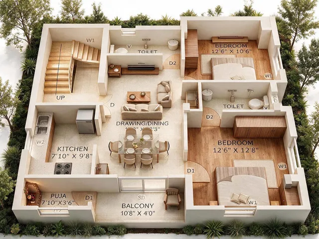 First Floor 3D floor plan — 5 BHK North-East facing