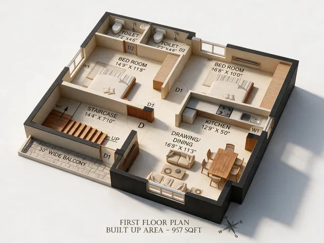 First Floor 3D floor plan — 4.5 BHK South facing