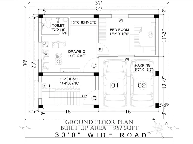 Ground Floor 2D floor plan — 4.5 BHK South facing