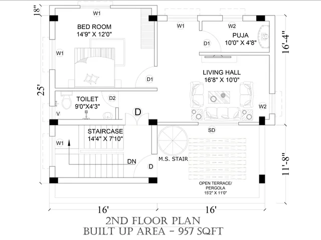 Second Floor 2D floor plan — 4.5 BHK South facing