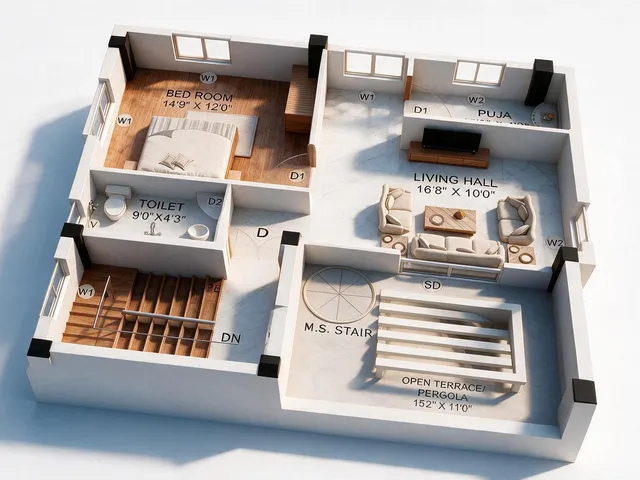 Second Floor 3D floor plan — 4.5 BHK South facing